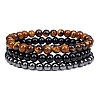 3Pcs 3 Style Natural Tiger Eye & Black Agate & Hematite Round Beaded Stretch Bracelets Set PW23030762062-1