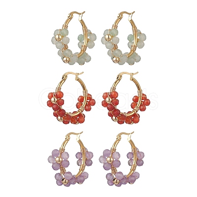 3 Pairs Flower Brass Natural Gemstone Hoop Earrings EJEW-TA00781-1
