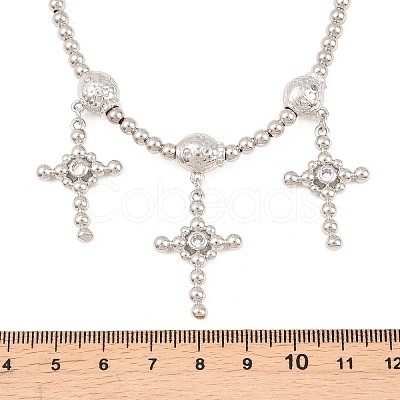Brass Micro Pave Clear Cubic Zirconia Cross Pendant Round Beaded Bib Necklaces for Women NJEW-F364-04P-1