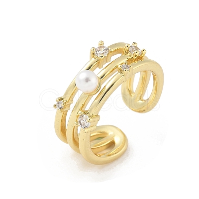 Brass Micro Pave Cubic Zirconia ABS Imitation Pearl Cuff Rings RJEW-D307-02G-B-1