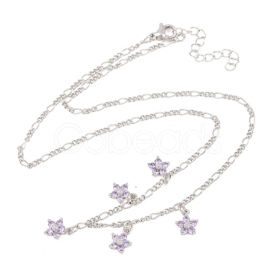 Brass Pave Lilac Cubic Zirconia Flower Pendant Figaro Chain Bib Necklaces for Women NJEW-F364-01P-1