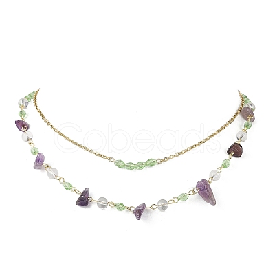 Natural Amethyst Chip & Glass & 304 Stainless Steel Handmade Link Chain Double Layer Necklaces for Women NJEW-JN05363-02-1