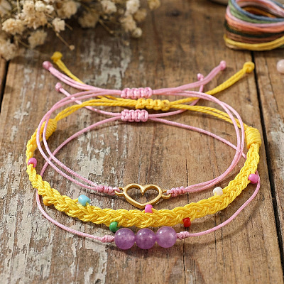 3Pcs 3 Styles Natural Amethyst & Glass Round Beads Braided Bead Bracelets & Stainless Steel Heart Link Bracelets LB7339-1-1