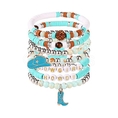 7Pcs Boot Western Cowgirl Style Polymer Clay Heishi  & CCB Plastic & Natural Rose Quartz Beaded Bracelets FS-WG5CAF3-02-1