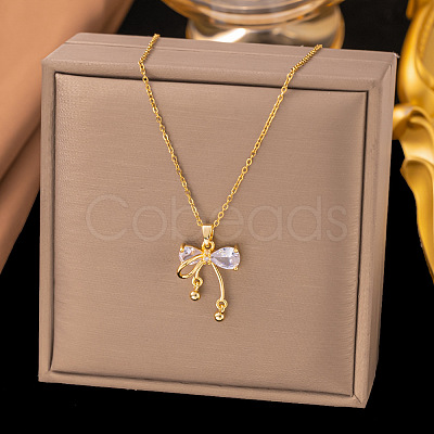 Brass Pave Clear Cubic Zirconia Bowknot Pendant 304 Stainless Steel Cable Chain Necklaces for Women WGC29E2-01-1