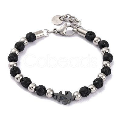 Natural Lava Rock & Synthetic Magnetic Hematite Anchor Beaded Bracelet BJEW-P339-01P-06-1