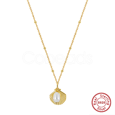 Summer Beach 925 Sterling Silver with Rice Natural Freshwater Pearl Shell Shaped Pendant Necklaces for Women NJEW-M097-01G-1