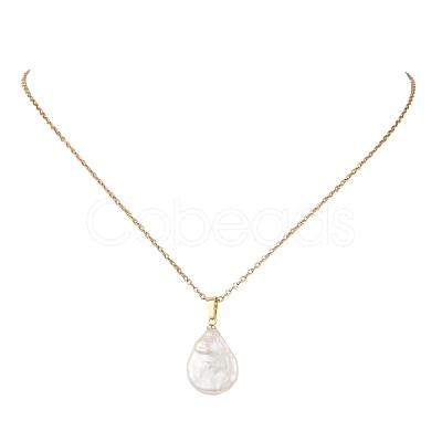 Baroque Natural Keshi Pearl Teardrop Pendant 304 Stainless Steel Cable Chain Necklaces for Women NJEW-JN05961-1