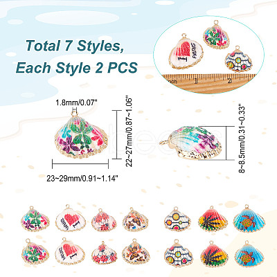 CHGCRAFT 14Pcs 7 Style Electroplate Printed Natural Scallop Shell Pendants SSHEL-CA0001-10-1