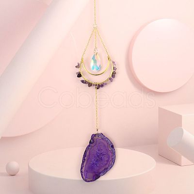 Natural Amethyst Chip Wrapped Moon Hanging Ornaments PW-WG89822-01-1