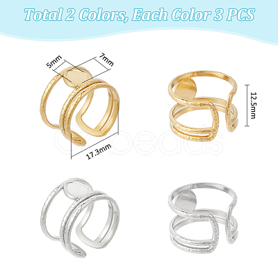6Pcs 2 Colors 304 Stainless Steel Open Cuff Ring Components STAS-UN0056-76-1