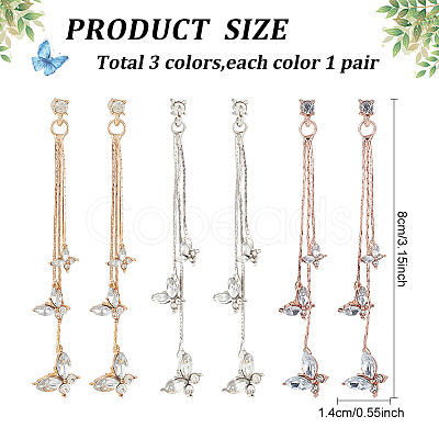 ANATTASOUL 3 Pairs 3 Colors Crystal Rhinestone Butterfly Dangle Stud Earrings EJEW-AN0003-04-1