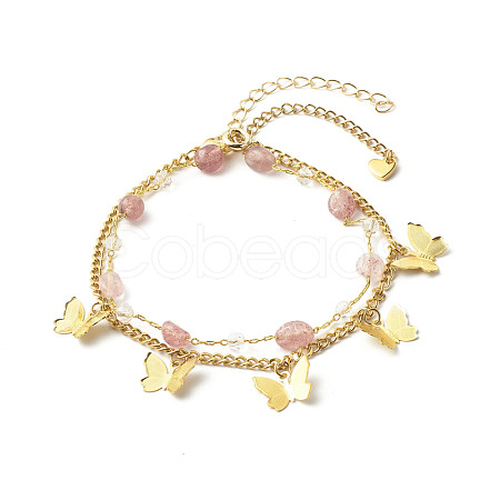 Natural Strawberry Quartz Beads Anklets Set for Girl Women AJEW-AN00450-03-1