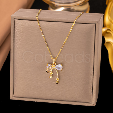 Brass Pave Clear Cubic Zirconia Bowknot Pendant 304 Stainless Steel Cable Chain Necklaces for Women WGC29E2-01-1