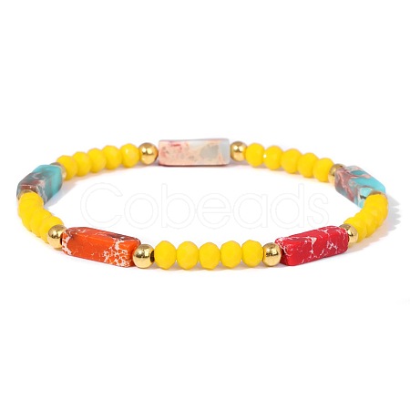 Dyed Synthetic Imperial Jasper Cuboid & Faceted Rondelle Dyed White Jade & Round Brass Beaded Stretch Bracelets QY8342-3-1