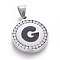 304 Stainless Steel Enamel Pendants, with Cubic Zirconia, Flat Round with Letter, Stainless Steel Color, Clear, Letter.G, 29x25x3mm, Hole: 5.5x8.5mm