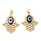 Brass Cubic Zirconia Pendants, with Lampwork, Real 18K Gold Plated, Hamsa Charm, Marine Blue, 24x20.5x4mm, Hole: 5x3.5mm