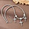 Brass Micro Pave Clear Cubic Zirconia Cross Pendant Round Beaded Bib Necklaces for Women NJEW-F364-04P-3