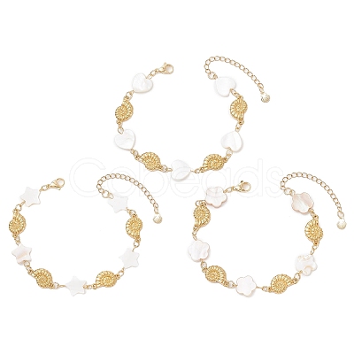 3Pcs 3 Styles Natural Freshwater Shell Beads & 304 Stainless Steel Connector Charms Link Bracelets for Women BJEW-JB12216-1