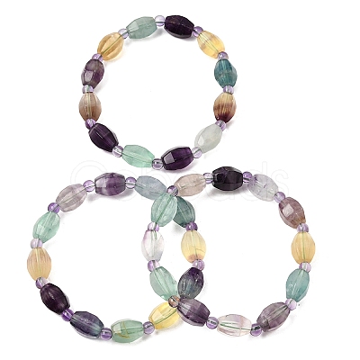 Natural Rainbow Fluorite Faceted Lantern Beaded Stretch Bracelets with Seed Beads for Women GG-CBA3F02-02-1