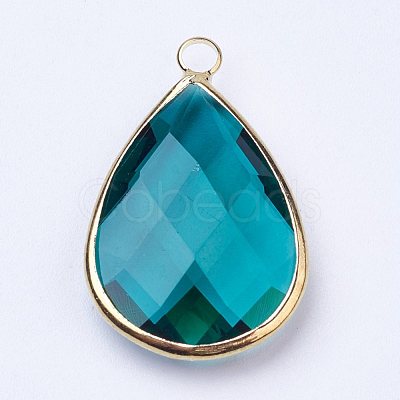 Golden Tone Brass Glass Teardrop Pendants X-GLAA-M006-A-03G-1