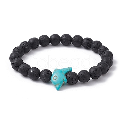 2Pcs 2 Color Synthetic Turquoise Dolphin & Lava Rock Stretch Bracelets Set BJEW-JB09838-1