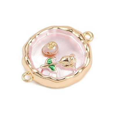 Brass Enamel & Natural Pearl Flat Round with Flower Connector Charms KK-K351-50G-02-1