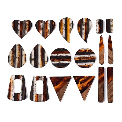 18Pcs 9 Styles Transparent & Opaque Resin & Walnut Wood Pendants RESI-N053-07-1