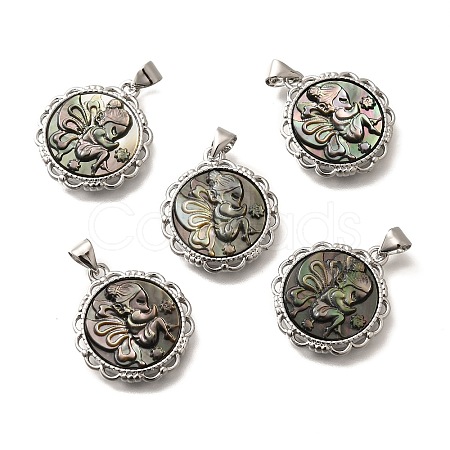 Brass with Natural Shell Carved Pendants KK-Z091-07P-01-1