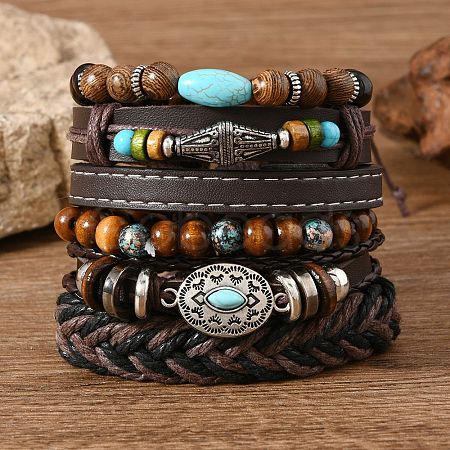 6Pcs 6 Styles Wood & Synthetic Turquoise Beaded Stretch Bracelets & Alloy Synthetic Turquoise Link Bracelets & Retro PU Leather Cord Bracelets for Men's FS-WG129F8-06-1