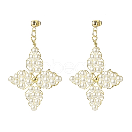 Glass Pearl Braided Star Stud Earrings EJEW-JE04982-02-1