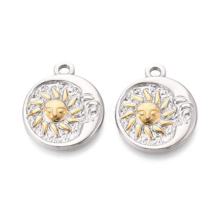 304 Stainless Steel Flat Round with Sun & Moon Pendants STAS-T073-74GP-1