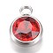 Glass Charms, July Birthstone Charms, Faceted, with 304 Stainless Steel Findings, Flat Round, Red, 14x10x6.5mm, Hole: 2.5mm