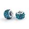 Polymer Clay Rhinestone European Beads, Large Hole Beads, Rondelle, with Silver Color Plated Brass Cores, Blue Zircon, 10~12x7~8mm, Hole: 5mm