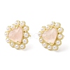 Ion Plating(IP) Natural Rose Quartz Heart Stud Earrings with Plastic Pearl Beaded EJEW-E599-02G-03-3