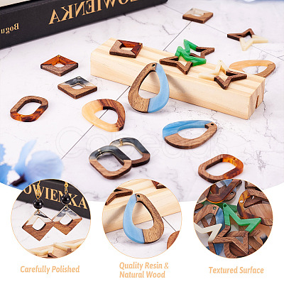 16Pcs 8 Style Opaque Resin & Walnut Wood Pendants RESI-CW0001-15-1