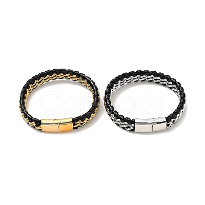 Leather & 304 Stainless Steel Braided Curb Chains Cord Bracelet with Magnetic Clasp for Men Women BJEW-C021-19-1