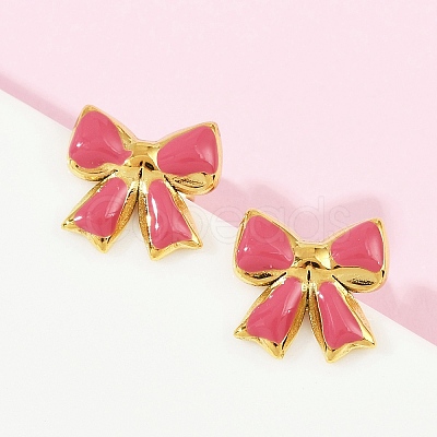 304 Stainless Steel Enamel Bowknot Stud Earrings EJEW-K268-17G-1