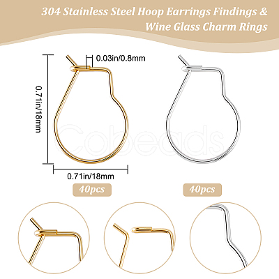 80Pcs 2 Colors 304 Stainless Steel Hoop Earrings Findings STAS-BBC0003-15-1