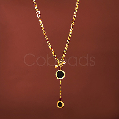 Flat Round with Letter B 316L Surgical Stainless Steel Black Acrylic Roman Numerals Pendant Y Necklaces for Women FS-WG00E23-01-1