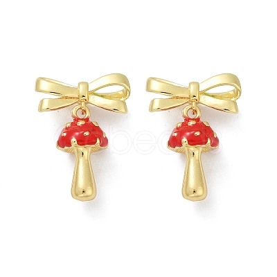 Mushroom with Bowknot Brass Enamel Dangle Stud Earrings EJEW-F895-25A-G-1