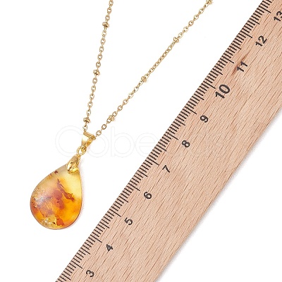 Natural Amber Teardrop Pendant 304 Stainless Steel Satellite Chain Necklaces NJEW-JN05983-01-1