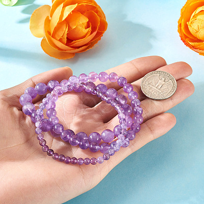 3Pcs Natural Amethyst Beads Stretch Bracelets for Women BJEW-TAC0033-1