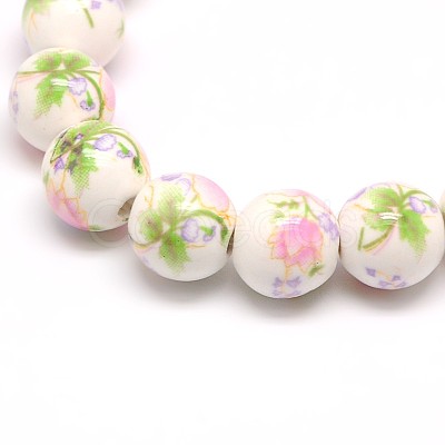 Handmade Flower Printed Porcelain Ceramic Beads Strands PORC-M007-10mm-07-1