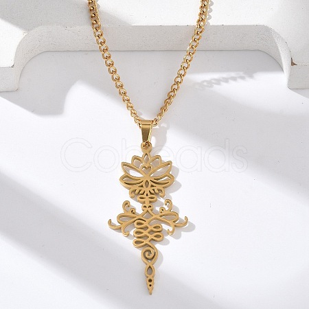 304 Stainless Steel Hollow Cut Yoga Om Lotus Flower Pendant Necklaces NJEW-Z073-02G-06-1