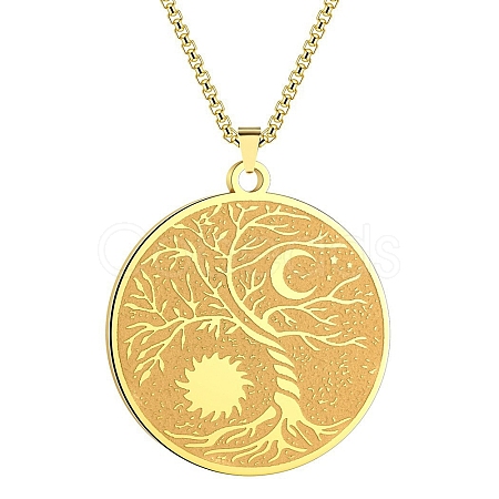 Stainless Steel Viking Moon Sun Tree of Life Flat Round Pendant Box Chain Necklaces PW-WG93B99-02-1