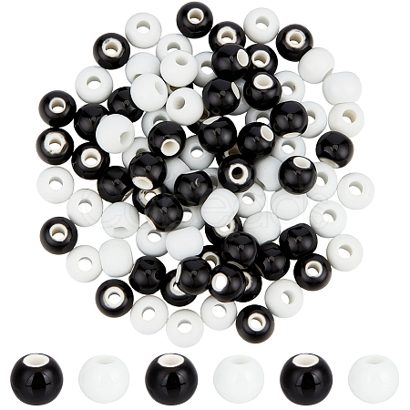100Pcs 2 Colors Black & White Round Glossy Ceramic Porcelain Beads for Jewelry Making PORC-PA0001-38-1