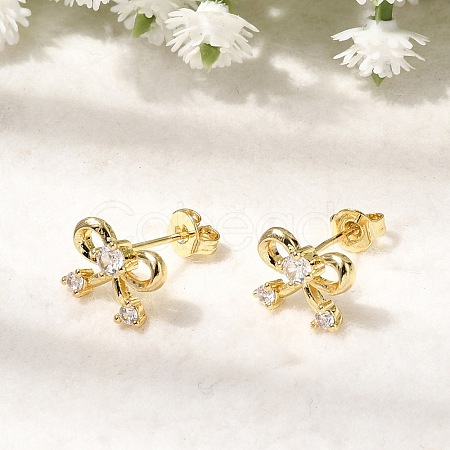 Bowknot Brass Micro Pave Clear Cubic Zirconia Stud Earrings for Women LS-EJEW-G460-03G-1