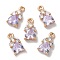 K9 Glass Charms, with Light Gold Tone Brass Findings and Rhinestone, Heart Charms, Tangerine, 13x7x4mm, Hole: 1.2mm