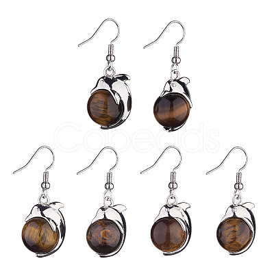Natural Tiger Eye Dolphin Dangle Earrings with Crystal Rhinestone EJEW-A092-20P-17-1